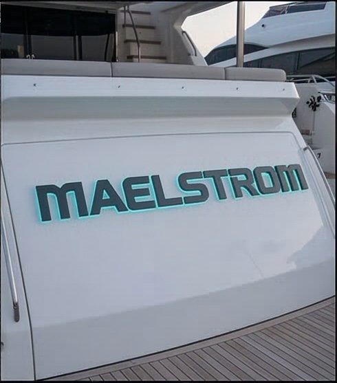 Maelstrom custom brass boat lettering with LED backlight — marine grade