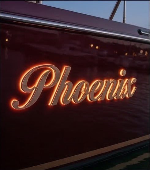 Phoenix custom stainless steel yacht name sign with LED halo lighting