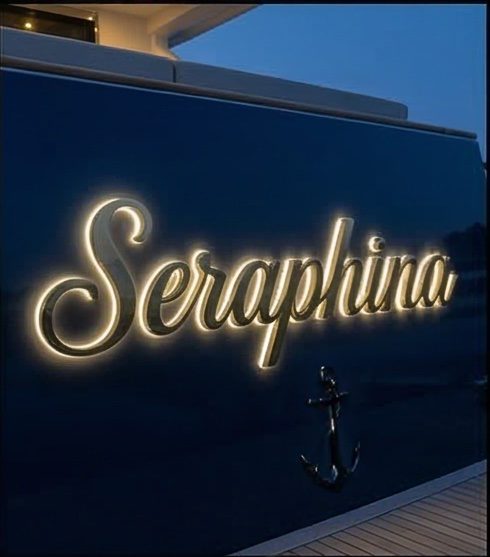 Seraphina custom marine stainless steel boat name sign — mirror polish finish
