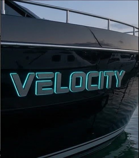 Velocity custom LED-illuminated brass boat name sign — Yacht Sign Shop